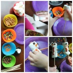 [Image description: A pic stitch comprised of 5 photographs displays step by step how to put together a marshmallow snow person. The portrait oriented photo to the left shows 4 different colored bowls with different candies in each next to a pile of skewers. The next photo shows marshmallows being placed one on top of another onto skewers, then decorated with candy and pretzels. The last photograph shows two completed marshmallow snow persons.]