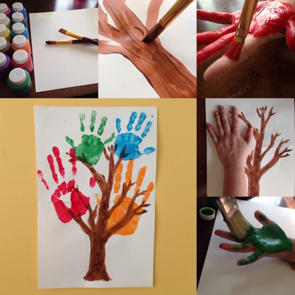 [Image Description: A collage of photos demonstrating the process of creating handprint family tree. In the first image, top left, are art supplies including bottles of colored paints, white paper, and two paintbrushes. In the second image top center, brown paint is applied using a paintbrush, forming a tree trunk and branches. In the third image, top right, red paint is applied to an adult palm. In the fourth image, center-right, an adult hand, is pressed, palm-side down on the white paper, on top of the painted tree branches. In the fifth image, bottom-right, green paint is applied to the palm of a child’s hand. In the final large image, bottom left, red, green, blue, and orange large and small handprints form the leaves of a tree.]