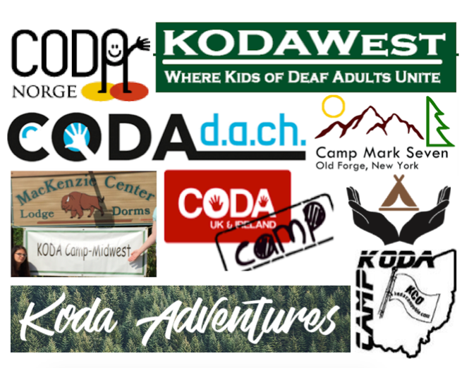 Image description: Various KODA camp logos grouped together. Shown: CODA Norge, KODA West, CSD KODA Camp, KODA Midwest, CODA UK &amp; Ireland, CODA d.a.c.h, Camp Mark Seven, KODA Australia, and KODAWest.