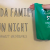 Image Description: White text reads, "KODA Family Fun Night, KODAheart, #k3famILY" On the right, a white arm is extended with a tshirt bag. Another hand lifts a bottle to the bag.