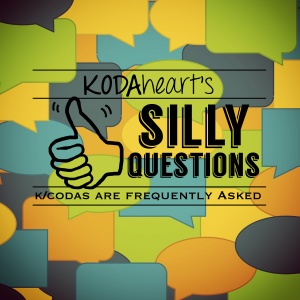 Image Description: In the image a thumb, outlined in black, signs“10” with accompanying text that reads: “KODAheart’s [10] Silly Questions K/Codas are Frequently Asked”. In the background are layered yellow, orange, green, blue and teal speech bubbles.