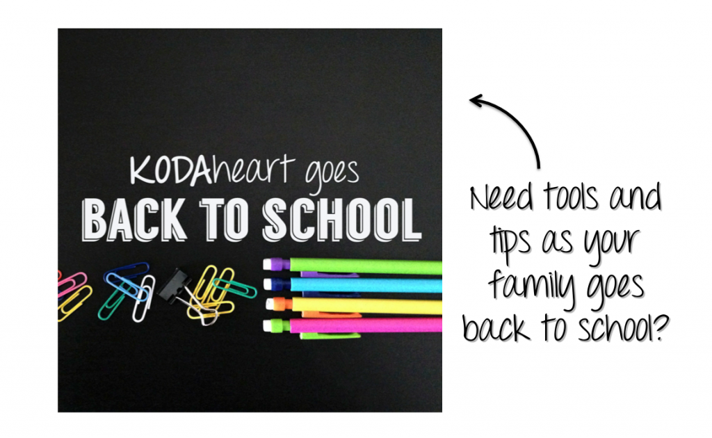 On the left, a square image of white text hovering over colorful school supplies, including paper clips and mechanical pencils. The text reads: &quot;KODAheart goes Back to School&quot;. On the right, black text on a white background reads &quot;Need tools and tips as your family goes back to school?&quot; A black arrow points from the black text to the square image.