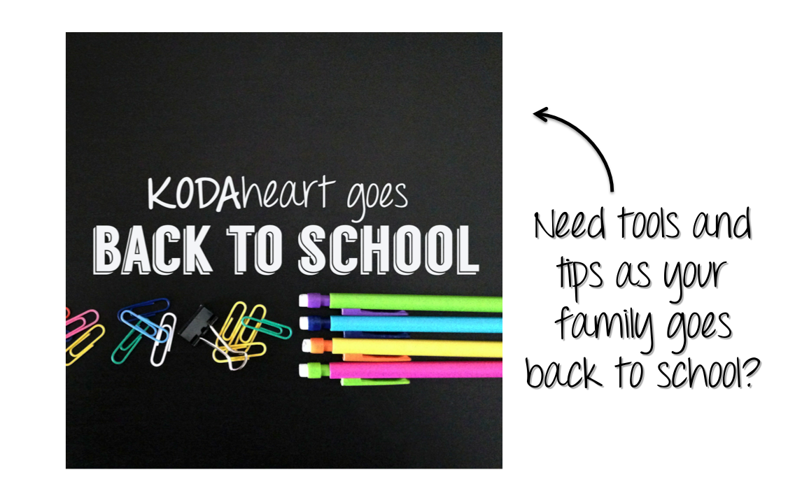 On the left, a square image of white text hovering over colorful school supplies, including paper clips and mechanical pencils. The text reads: "KODAheart goes Back to School". On the right, black text on a white background reads "Need tools and tips as your family goes back to school?" A black arrow points from the black text to the square image.