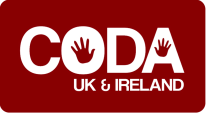 Red square with white text that reads CODA UK and Ireland. Hand prints are visible in the blank spaces of the 'O' and 'A' of the CODA.