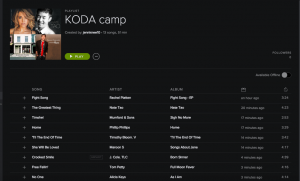 [Image Description: At the top, several small photos of album covers. At the top, white text on a black background reads “KODA camp”. Under that is a bright green button with “Play” in white text. At the bottom, a list of songs is organized into columns by various artists and from various albums.]