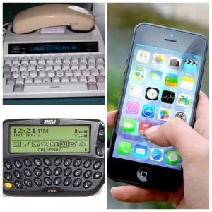 [Image Description: A three piece photo is placed together comprised of three different pieces of technology. In the upper left hand photo an image of a TTY holding a phone in the cradle. The display screen shows the phrase “This is sam please GA”. The photo on the left shows a hand holding an IPhone displaying various apps. A RIM Wyntell pager occupies the bottom left photo.]