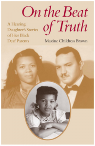 Image description:”On the beat of the truth” is written in maroon on top of a beige background. There are photos of three people, a woman and man all in beige coloring with a photo of a young child in black in white right below.