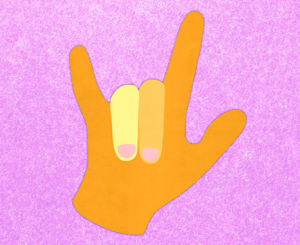 Image Description This digital photo shows an orange hand signing “ILY” on top of a purple backdrop.