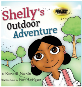 Image Description: Shelly’s Outdoor Adventure title is in the upper left corner, Shelly a cartoon character is wearing a white shirt and pink backpack. Behind her are trees and small birds also drawn.