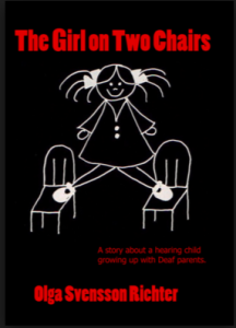 Image Description: An all black background shows a white thin pencil drawing. “The Girl on Two Chairs” is written in red above in sans serif font.