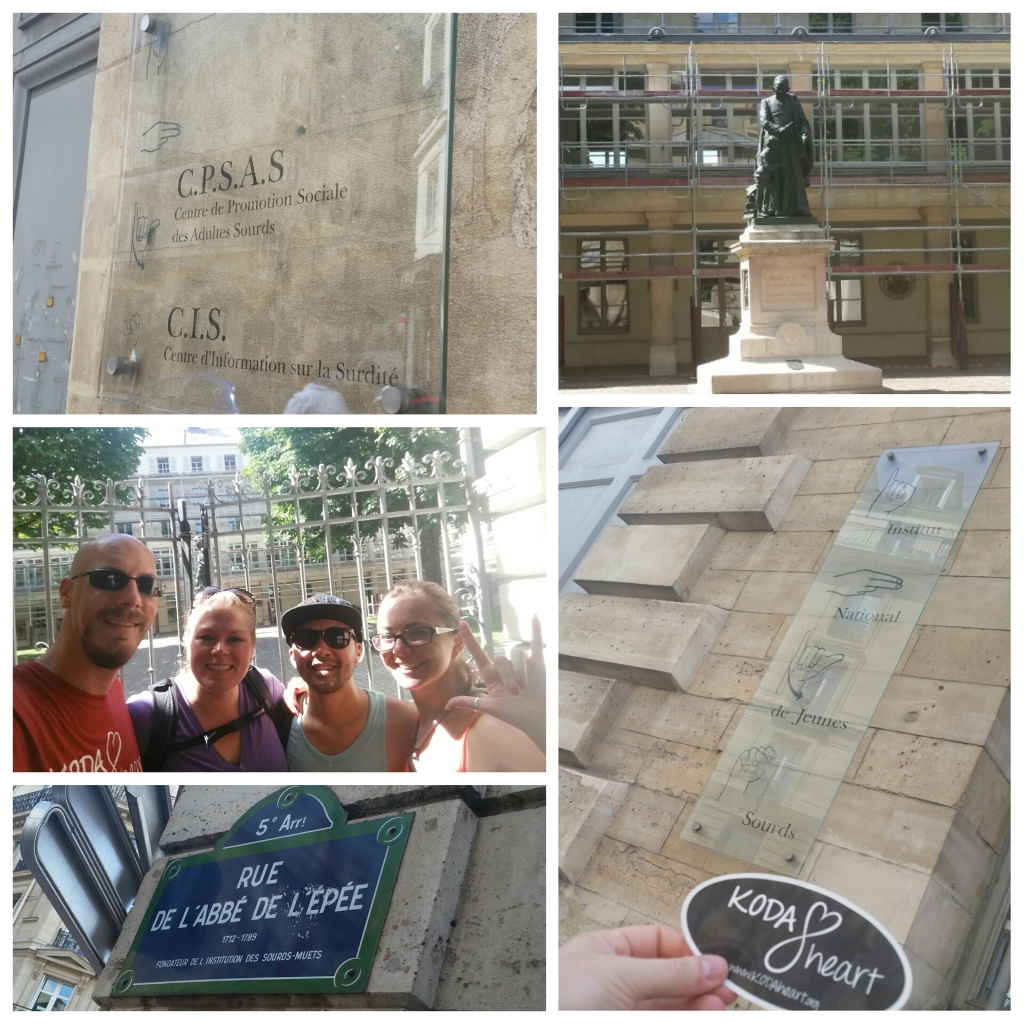  [Image description: A grouping of several photos, three on the left and two on the right. The bottom left shows a blue street sign attached to a large brick wall that reads "Rue De L'Abbe De L'Epee". The center left, has four smiling people standing in front of an ornate metal gate. On the right, a white woman shows the "I-Love-You" sign, and in the background a large building with many windows. The top left a clear plastic sign is attached to a wall. In black print on the right are handshapes, on the right text reads "C.P.S.A.S Centre de Promotion Sociale des Adultes Sourds, C.I.S. Centre d'Information sur la Surdite". The top right, a statue, made of dark stone, stands atop a white base. In the background a building with many windows. The bottom right, in the background a clear plastic sign attached to a building, in black print, with handshapes reads "Institut National de Jeunes Sourds". In the foreground a hand is holding an oval KODAheart sticker with the organization’s logo and website in white text with a black background.]