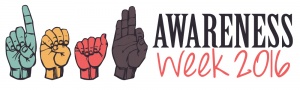 [Image Description: Handshapes in teal, gold, red, and brown spell 'DEAF'. Black and red text below reads 'AWARENESS week 2016'.]