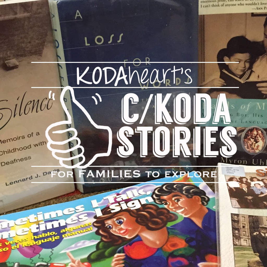 Image Description: A thumb, outlined in black, signs “10” with accompanying text that reads: “KODAheart’s [10] c/koda stories for families to explore”. In the background is an image of a collection of books placed both horizontally and vertically.