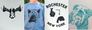 ID:[Image description: Four different shirt logos are side by side. On the left is a cow with the sign for “Cow” on a white background. Next is a blue t-shirt with a black fox signing the sign for “Fox.” Third are the words Rochester New York sandwiching the sign for “Rochester” on the top and bottom. Last is a light blue image of a bull dog on a white background.]