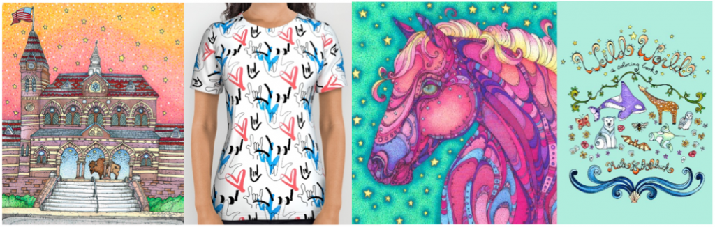 [Image description: A banner image featuring four images of different pieces of artwork. The first image contains a drawing of Chapel Hall on Gallaudet Campus. The second image is white shirt with red, blue, and black hearts as well as various styles of the “I love you” sign. The third image contains a drawing of horse The last pane is a drawing of various animals and the words “Wild World” on the top in cursive. ] 
