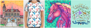 [Image description: A banner image featuring four images of different pieces of artwork. The first image contains a drawing of Chapel Hall on Gallaudet Campus. The second image is white shirt with red, blue, and black hearts as well as various styles of the “I love you” sign. The third image contains a drawing of horse The last pane is a drawing of various animals and the words “Wild World” on the top in cursive. ]