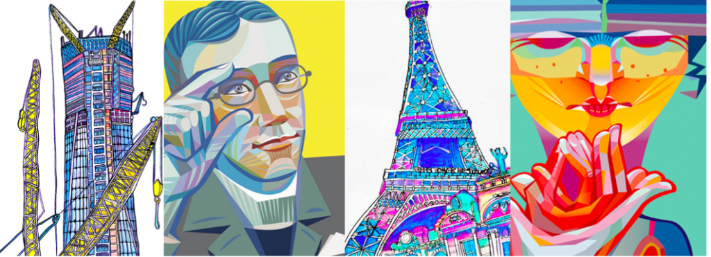 [Image description: A banner image featuring four images of different pieces of watercolor artwork The first image contains a drawing of the World Trade Center building in the midst of construction.The second image is of George Veditz signing “Gallaudet”. The third image is of the Eiffel Tower. The last pane is a person signing “flower bloom”. ] 