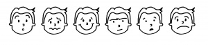 [Image description: A series of black and white line-drawings of child with short hair, with different expressions; surprised, worried, happy, quizzical, concerned, sad.]