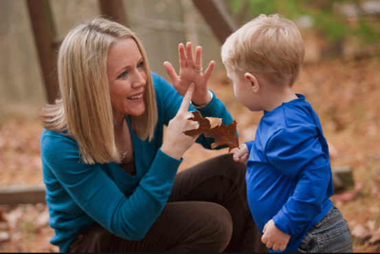 [image description: A picture of a woman crouching down in front of a toddler signing the word leaf in ASL. There are trees and leaves in the background.]