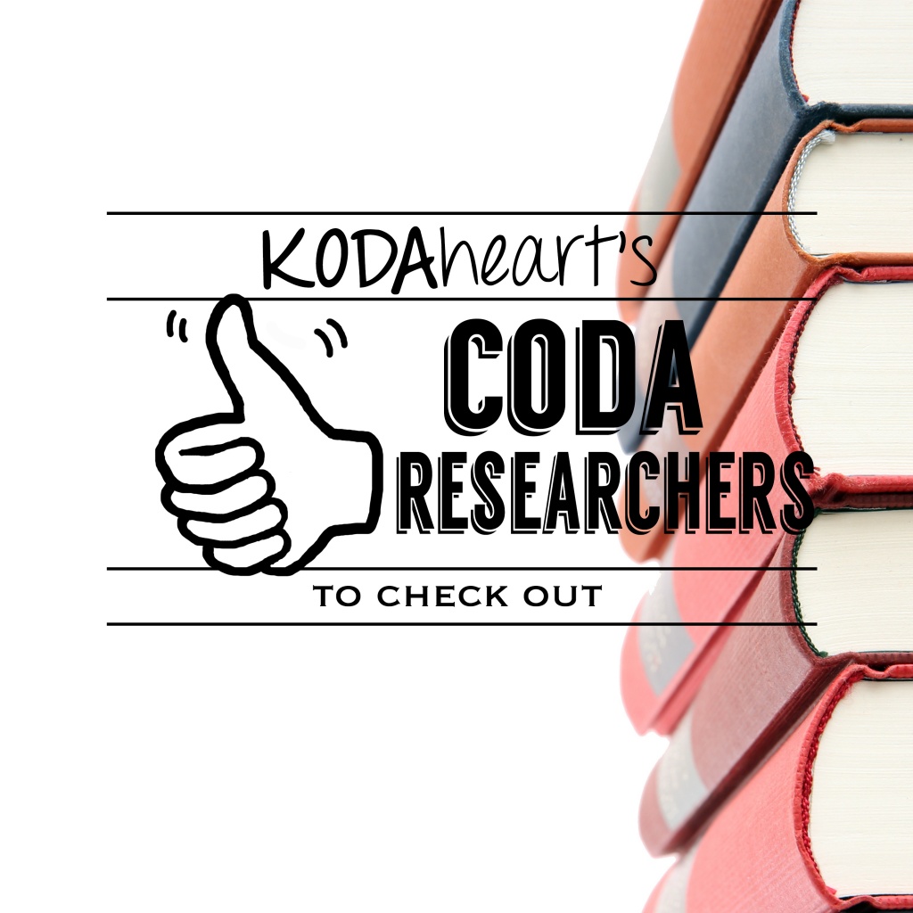 Image Description: A thumb, outlined in white on a black background signs “10” with accompanying text that reads: “KODAheart’s [10] Coda Researchers to Check Out.” The background is white with a stack of different colored hardcover books to the right.