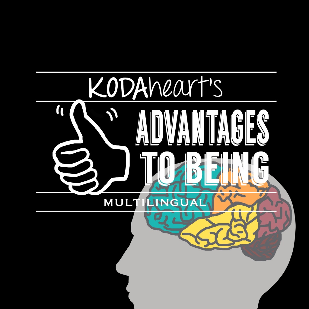 [Image Description: A thumb, outlined in white on a black background signs “10” with accompanying text that reads: “KODAheart’s [10] Advantages to being Multilingual.” In the background in the bottom right corner, a grey profile of a human head with a brain colored blue orange red pink and orange highlighting the different lobes.]