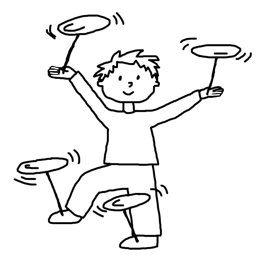 [Image description: A black and white line-drawing of child with short hair balancing four spinning plates on sticks using his hands and feet.]