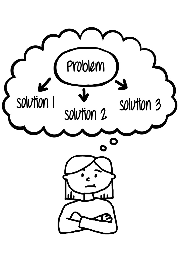 [Image description: A black and white line-drawing of child with short hair thinking about a problem and three different solutions to the problem. ]