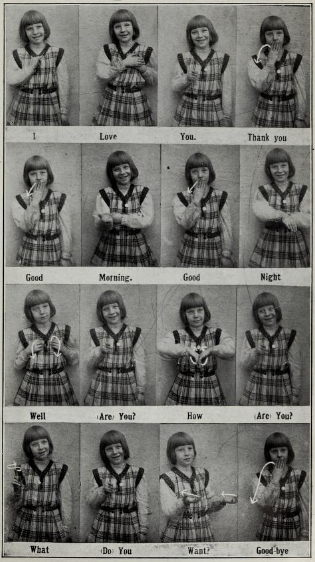 [Image description: a series of images of a girl signing. Each of the images features a young white girl, in a plaid shirt, her face and hands expressing the features of a particular sign. At the bottom of the image black text provides the English definition of the sign or phrase.]