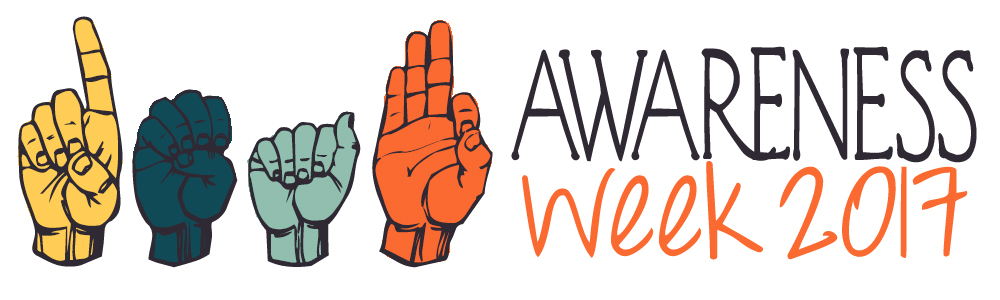 [Image Description: Handshapes in yellow, dark blue, teal, and orange spell 'DEAF'. Black and orange text below reads 'AWARENESS week 2017'.]