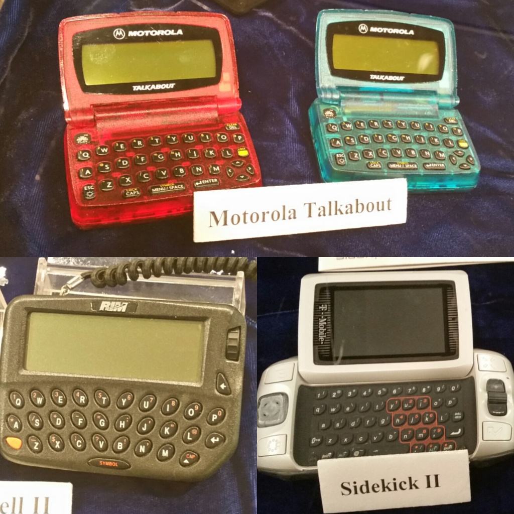 [Image description: Grouping of three different pictures- on the top is of two motorola pagers right next to each other, one red and one blue with the screens open. In front of the devices is a sign that reads “Motorola Talkabout”. Under are two photos of different types of pagers. The first one is a dark grey Wyndtell pager. The second picture is an opened white Sidekick II pager, with a sign that reads “Sidekick II”.]