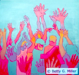 [Image Descriptions: A colorful painting with a blue background of several arms and hands in the air similar to “Deaf applause”. There are three faceless figures located in the middle of the painting, the middle figure dons a hat and facial hair.]