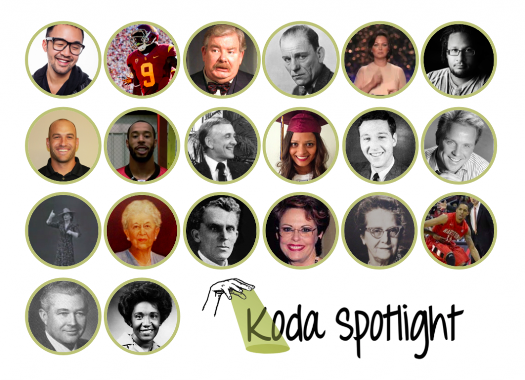 [Image Description: Rows of circle shaped portraits fill the frame, each photo is of a different person. At the bottom is a fore-arm outlined in black signing "spotlight". A yellow beam of light emanates from the palm, creating a spotlight on the black text to the right "Koda Spotlight".]