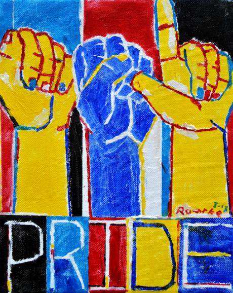 [Image Description: A Nancy Roarke painting consisting of yellow, blue, black and red colors. Three forearms take up mos ot the painting“ASL” in handshapes are above the painted word “Pride”. “ASL pride”