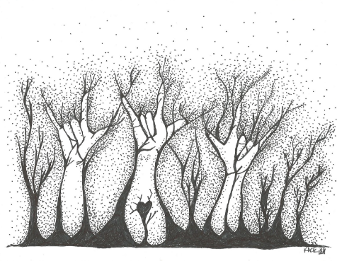 [Image Description: A black and white drawing of three “ILY” hands emerging from the ground, resembling tree trunks with branches form a treeline. One hand in the middle of the image has a heart on the forearm.]