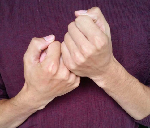 [Image Description: A close- up image of two hands signing “support” in ASL in front of a maroon background.]