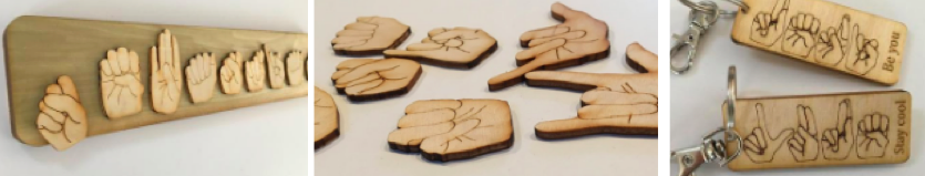 [Image description: Three photos depict three different woodworking items. The first photo is a wood placard with ASL letters spelling “Sebastian”. Next is various wood cutouts of ASL fingerspelling letters- S, A, I, M, Y and an ILY sign. Last is two keychains with the words KERI and LUKE in ASL, and “Be you” and “Stay cool” in pyrography english at the bottom the keychain.]