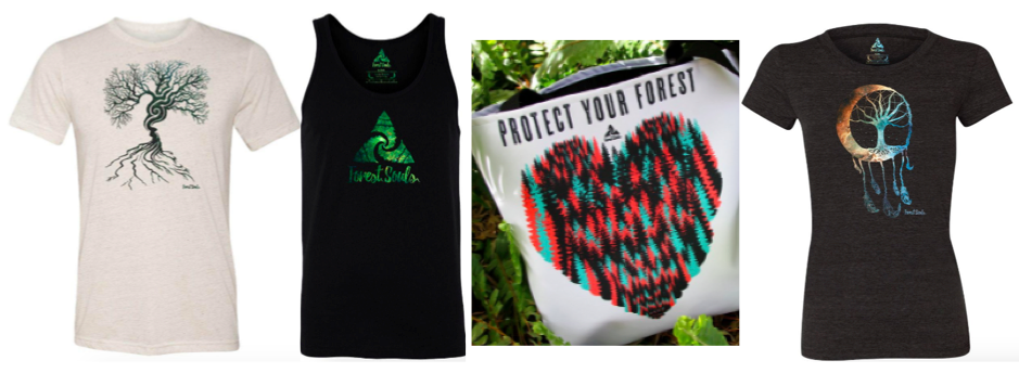 [Image description: First item is a white t-shirt with a large tree with roots extending downward. Next is a black tank top with the forest souls logo in green. To the right is a bag with pink, blue, and black trees form a heart with the words “Protect your forest” at the top and a black t-shirt with a moon and tree representing a dream catcher with feathers hanging below in gradient rainbow colors in the middle.]