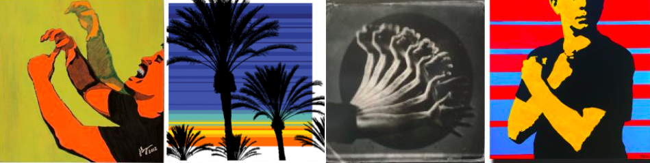 [Image description: Four pieces of art are lined up next to each other. The first one is a side view of a person signing the ASL word “CHAMP”. Next is a grouping of black palm-trees with a colorful sunset in the background. To the right is a black and white depiction of a left hand in motion expressing the ASL word “SIGN”. The last piece of art is in classic pop art of a figure signing “LOVE” with a striped red and blue background.]