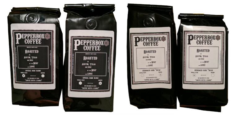 [Image description: Four bags of coffee are lined up, all with the Pepperbox Coffee logo and coffee name on the front. The two on the left have a black label with white print, the ones on the right have a white label with black print.]