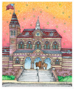 [Image description: a colorful piece depicting Chapel Hall at Gallaudet University, with a Bison standing between arches.]