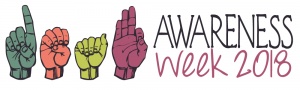 [Image Description: Handshapes in teal, orange, green and purple spell 'DEAF'. Black and purple text below reads 'AWARENESS week 2018'.]