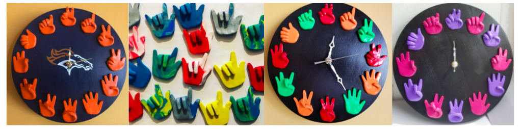 [Image description: A variety of clocks with colorful ASL number handshapes instead of numbers. The first clock is blue with orange handshapes. In the middle where the clock hands are located is the image of Houston Colts logo. The next image is of a different colored ILY hands. The third clock is black with red, orange and green ASL number handshapes. The last clock is also black with purple and pink ASL number handshapes.]