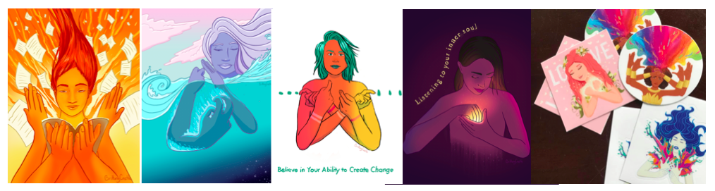 [Image description: Five photos of various artworks. The first image is of a person doing the ASL sign for “flying through book” with the story pages flying around them. The next piece is a person doing the ASL sign for “falling for” into an ocean. The third image is a torso of an ombre colored person doing the ASL sign “CHANGE”. To the left of the person are blue dots in a line , to the right the dots are raindrops. The text in blue at the bottom of the image reads “Believe in your ability to create change”. The next photo is a darkened image of a person looking downward doing the ASL sign “INSIDE” close to her heart. The sign illuminates the image. Light colored text to the left outlining the edge of the person reads “Listening to your inner soul.” The last photo is a collection of three different stickers portraying different images. The image on the left is of a person wearing a flower crown signing “LOVE” with the word “love” in the background. The second sticker is person signing “IMAGINE” with a rainbow of color emerging from the sign. The last sticker is a person signing “INSPIRE” with small splashes of color emitting from each hand.]