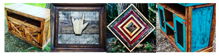 [Image description: Four photos of various wood items. The first photo is a burnt wood finished hutch with an opening under the tabletop and two barn style front doors. The next image is of a light wood ILY with a grey and brown wood behind it making the ILY pop out. It is framed in a dark brown. The next image is of various colorful contrasting pieces of wood in a concentric pattern. The last photo is a cabinet with two framed doors with chicken wire on the front. Parts of the cabinet is covered in blue, the hardware (hinges and knobs) are red.]