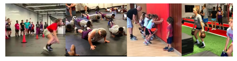 [Image description: Four images of groups of people of varying ages performing different exercises. In the first image a line of people in the background watch one person engaged in movement. The second photo is of a group performing pushups. The next photo has a line of young children with their hands on a wall kicking up their feet while an adult looks on from behind. One child in front of the line does not have his hands on the wall, instead looking at the child on next to them. The last photo shows a group lifting kettlebells in a mirrored room.]