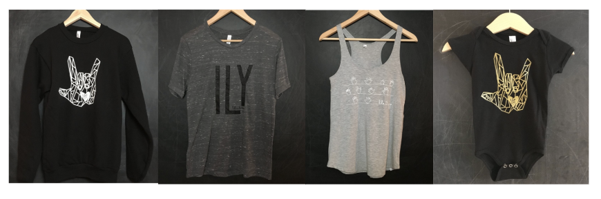 [Image description: A row of 4 different articles of clothing. The first a black sweatshirt with a white ILY handshape, the palm of the hand has the shape of a heart colored into it. The second, a grey T-shirt with the english letters ILY in black. Third, a light grey tank top with white handshapes. And finally, a black onesie with a gold ILY handshape, the palm of the hand has the shape of a heart colored into it.]