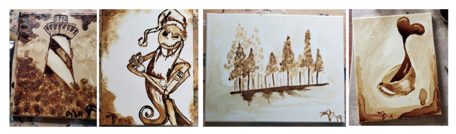 [Image description: A row of 4 pieces of artwork. They are a lighthouse. A portrait of Jack Skellington, the protagonist of “The Nightmare Before Christmas”. A scene of trees and their shadows. And finally, a cup of coffee spilling upward, with the spilling coffee in the shape of a heart. All portraits are colored in a dark brown from the coffee grounds.]