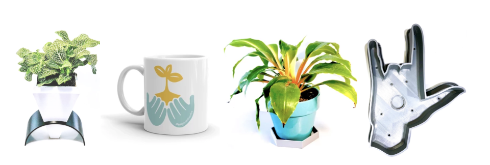 Image description: 4 photos of different plant related products. 3 different types of planters and one mug with hands on it that have a plant growing out of it.]