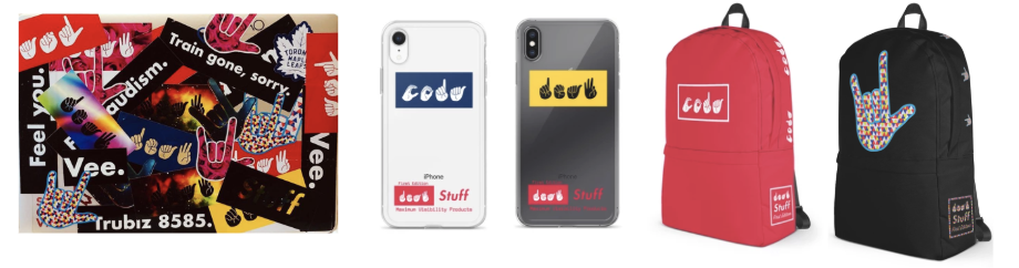 [Image description: 3 photos of different products. The first photo shows the back of a laptop covered in stickers relating to culturally deaf concepts like the phrase ‘Trubiz 8585’, Train gone, sorry’, Vee’ and others. The second photo is of 2 phones in cases. The case on the left has the word coda fingerspelled on it, the case on the right has the word deaf fingerspelled on the back. The third photo is of one red and one black backpack. The red backpack has the word coda fingerspelled on it, while the black one has a colorful ILY handshape on it.] 