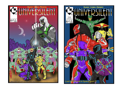 [Image description: 2 comic book covers with illustrations of a vast array of colorful futuristic beings and droids. On top of both is the word ‘UNIVERSILENT’ in blue and gold lettering.]